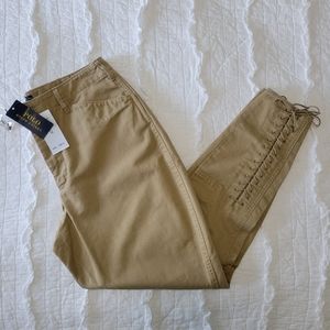 Polo by Ralph Lauren Button Fly Pants 10 NWT Sand Lace Up Hem Preppy & Polished